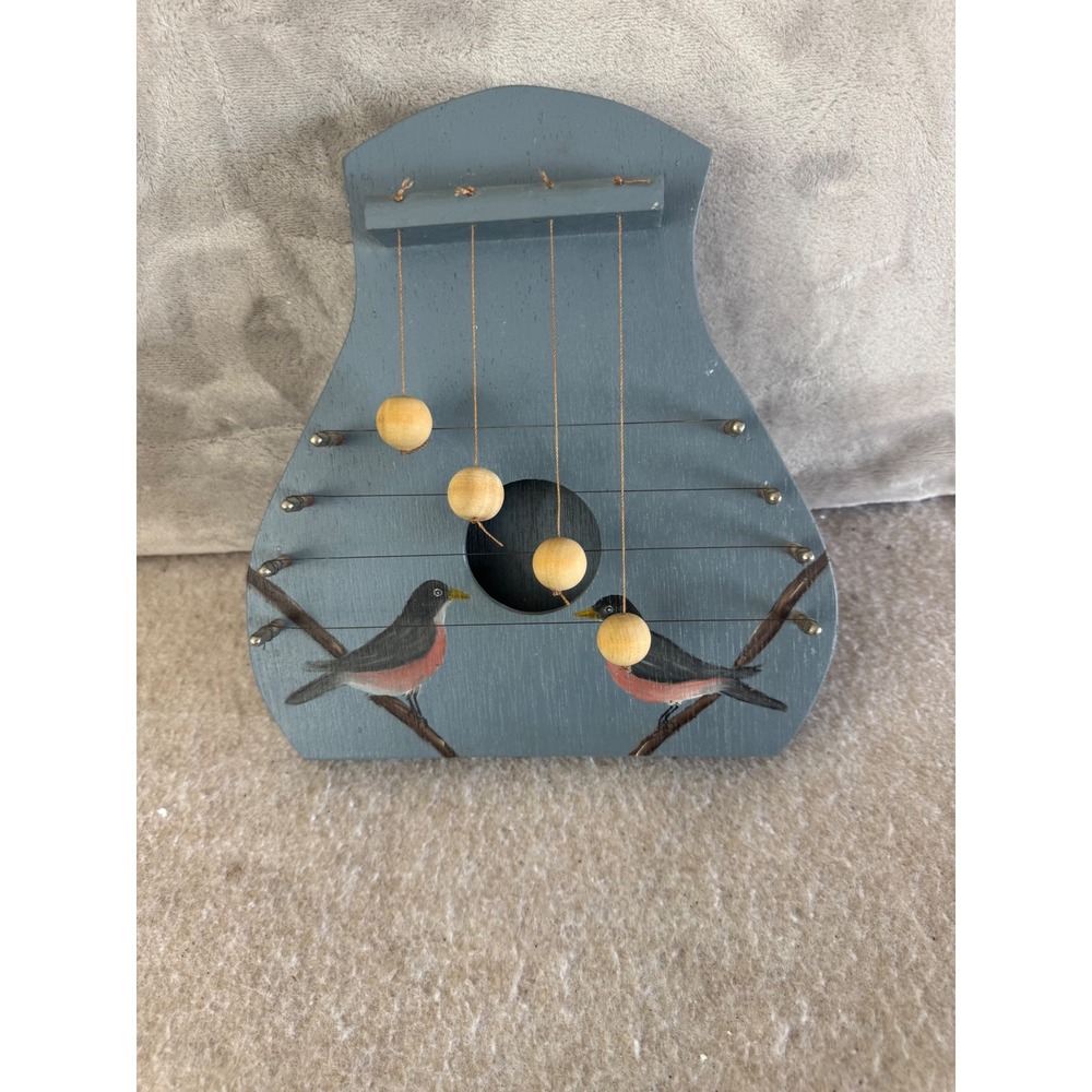 Vintage Hand Painted Wooden Door Harp Musical Wall Decor Robins Blue Folk Art